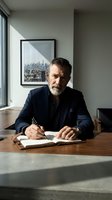 Mature male professional with gray beard wearing dark blazer writing in notebook at wooden desk in modern office with city skyline view for business and corporate concepts.
