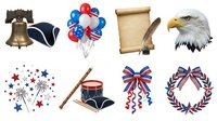 Patriotic American symbols isolated on white background including liberty bell, eagle head, balloons, scroll, fireworks, drum, and ribbons, suitable for Fourth of July designs, greeting cards, and holiday graphics.