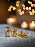 Massage oil bottles and yellow lily on white towel with soft bokeh lights and candles in background creating relaxing spa atmosphere for wellness treatments.