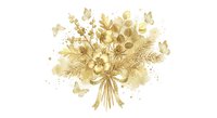 Golden floral bouquet with butterflies and decorative elements isolated on white background for wedding invitations and romantic design projects.