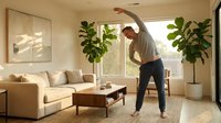 Caucasian man stretching and exercising in a bright modern living room with natural light, plants, and minimalist decor.