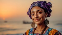 Young woman in colorful ethnic attire and purple headwrap smiling at sunset by the ocean, showcasing traditional jewelry and cultural fashion.