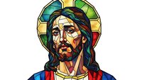 Stained glass style portrait of Jesus Christ with colorful halo, religious artwork for spiritual designs, church decorations and faith-based projects.