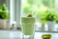 Refreshing green smoothie with cucumber slice in glass and whole cucumber on table, bright kitchen window background with plants for healthy lifestyle content.