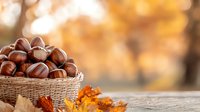 Fresh chestnuts in wicker basket on rustic wooden table with autumn leaves and golden bokeh background, seasonal harvest composition for fall designs.