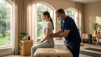 Professional male physiotherapist treating female patient on massage table in bright modern clinic with natural sunlight streaming through windows.