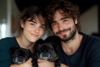 Happy young couple with French bulldog puppy at home, smiling together in cozy indoor setting for lifestyle and pet ownership content.