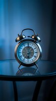 Vintage brass alarm clock with Roman numerals on reflective surface against moody blue gradient background for timekeeping and scheduling concepts.