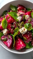 Fresh beet and quinoa salad with feta cheese, pumpkin seeds and basil leaves in white bowl. Vibrant pink and green colors highlight nutritious ingredients.