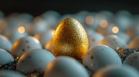 Golden glittering egg stands out among plain white eggs on dark background with bokeh lights, symbolizing uniqueness, success and leadership concept.