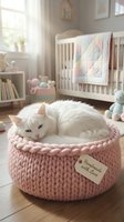 White cat resting in pink knitted pet bed within nursery room featuring crib, pastel quilt, shelving, toys, and natural window light for home decor and pet care concepts.
