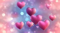 Pink glittery hearts floating on dreamy bokeh background with soft purple and blue tones, romantic love concept for Valentine's Day and wedding designs.