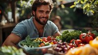 Bearded Caucasian man with bright smile preparing fresh vegetables and herbs outdoors. Natural lighting highlights colorful produce and healthy lifestyle concept.