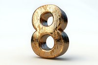 Golden metallic number eight with rough textured surface and weathered patina effect stands against neutral background, casting subtle shadows.