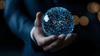Glowing blue sphere with constellation pattern held in hand against dark background, creating magical atmosphere with bokeh lights.