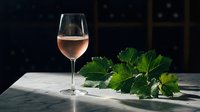Glass of rosé wine with fresh grape leaves on marble table in natural sunlight creating elegant shadows for wine tasting and culinary photography.