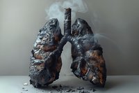 Damaged human lungs made of ash and burning cigarette, powerful anti-smoking conceptual image illustrating health risks and dangers of tobacco addiction for medical campaigns.