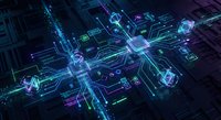 Futuristic digital network with glowing circuit pathways and data nodes in blue and green neon colors for technology and cybersecurity concepts.
