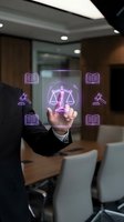 Businessman touching digital justice scale hologram with law books icons in modern office conference room for legal technology and digital law services.