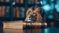 Majestic male lion head resting on vintage leather-bound book against blurred library background with dramatic lighting and bokeh effect. Concept of wisdom and power.