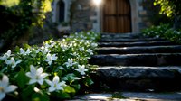Stone steps leading to wooden church door, bordered by blooming white flowers in morning sunlight. Mystical garden pathway creates serene spiritual atmosphere.