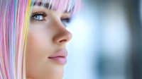Young woman with vibrant rainbow colored hair and natural makeup looking away thoughtfully in soft lighting for beauty and fashion concepts.
