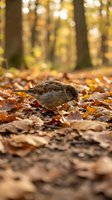 Small sparrow foraging among colorful autumn leaves on forest floor with warm golden sunlight filtering through trees creating bokeh background.