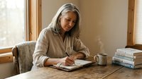 Mature woman with gray hair writing in journal at wooden table by window with coffee and books in cozy home interior for mindfulness and reflection.