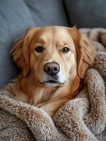 Golden retriever resting on couch wrapped in beige blanket, looking at camera with calm expression. Suitable for pet care, comfort, and lifestyle content.
