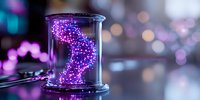 Glowing purple question mark made of luminous particles floating in glass cylinder against blurred bokeh background, mysterious concept for problem solving.