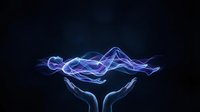 Glowing energy human figure floating above cupped hands on dark background, representing spiritual healing, soul, and metaphysical power.