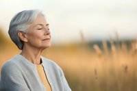 Senior woman with gray hair and peaceful expression enjoying sunlight outdoors, wearing casual gray cardigan against autumn field background at golden hour.