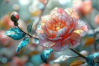 Delicate coral-pink rose bloom with turquoise leaves against soft bokeh background, showcasing detailed petals and artistic nature photography style.