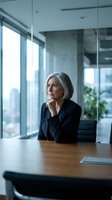 Senior woman with gray hair wearing dark blazer sitting at wooden desk in modern office with floor-to-ceiling windows, contemplative expression, suitable for corporate leadership and business themes.