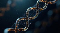 Glowing orange and blue DNA helix structure with particles floating in dark space background, molecular biology and genetic research visualization.
