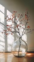 Delicate coral-colored blossoms on branches in large glass vase, natural window light casting dramatic shadows on white wall, minimalist home decor composition.