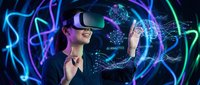Young woman wearing VR headset exploring futuristic AI analytics interface with holographic data visualization and neon light effects for technology presentations.