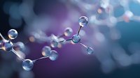 Molecular structure with glass spheres connected by silver rods on blurred purple and blue background with bokeh effect creates scientific atmosphere.