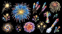 Colorful fireworks and rockets clipart set, isolated on transparent background. Great for celebrations, T-shirts, stickers, print on demand, and sublimation designs.