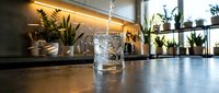 Clean water pouring into glass on modern kitchen counter with plants and warm lighting creating healthy lifestyle atmosphere for wellness content.