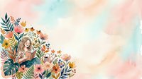 Woman with long hair surrounded by colorful wildflowers and botanical foliage on watercolor background, suitable for greeting cards and wall art.