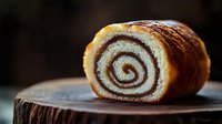Fresh baked sweet roll with cinnamon swirl filling on rustic wooden surface against dark background, macro food photography showing soft texture and spiral pattern.