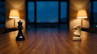 Chess pieces king and knight face off on wooden floor in elegant room with evening city view through large windows and warm lamp lighting.