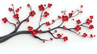 Decorative branch with red berries and flowers isolated on white background, suitable for design projects, wall art, greeting cards, and seasonal decorations.