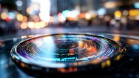 Futuristic holographic display with swirling digital data streams and colorful light patterns on urban street background with bokeh lights at night.