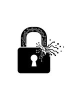 Digital padlock with circuit board pattern and pixelated data stream on white background representing cybersecurity and data protection technology.
