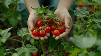 Fresh ripe cherry tomatoes harvested from organic garden held in cupped hands surrounded by green tomato plants and foliage for healthy eating and farming.