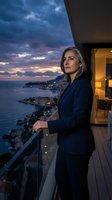 Confident mature businesswoman with gray hair standing on luxury balcony overlooking coastal city lights at sunset, contemplating success and future opportunities.