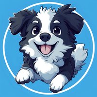 Cheerful border collie puppy with black and white fur smiling and jumping forward against blue circular background, cartoon style mascot for pet-related designs.