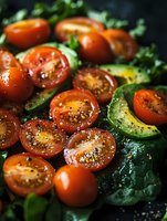 Fresh cherry tomatoes and sliced avocado on dark green leaves with black pepper and olive oil, macro food photography in natural lighting.